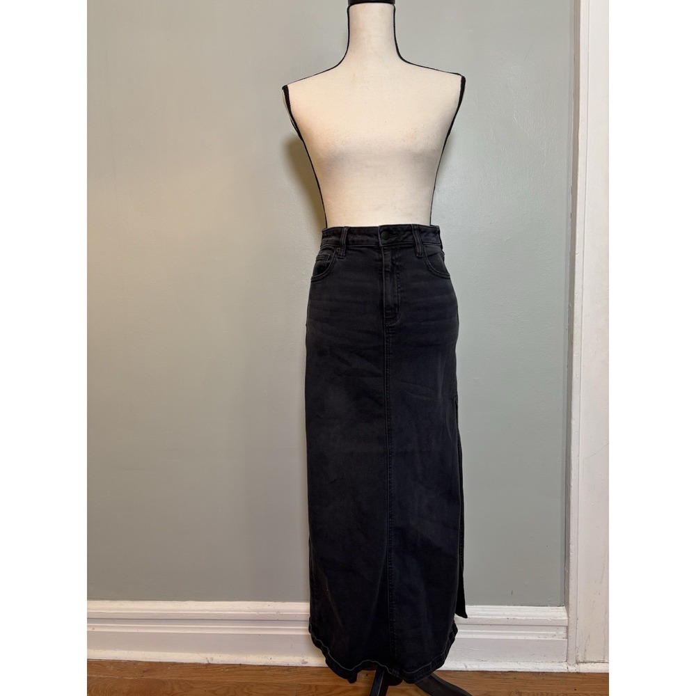 AQUA Black Faded Denim Maxi Skirt High Waist Side Slit 90s Minimalist Grunge